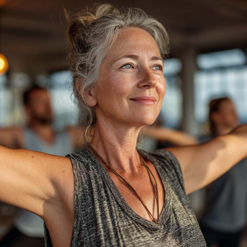 Mature woman in her 50s doing stretching exercises in a bright fitness studio, smiling confidently while maintaining a yoga pose