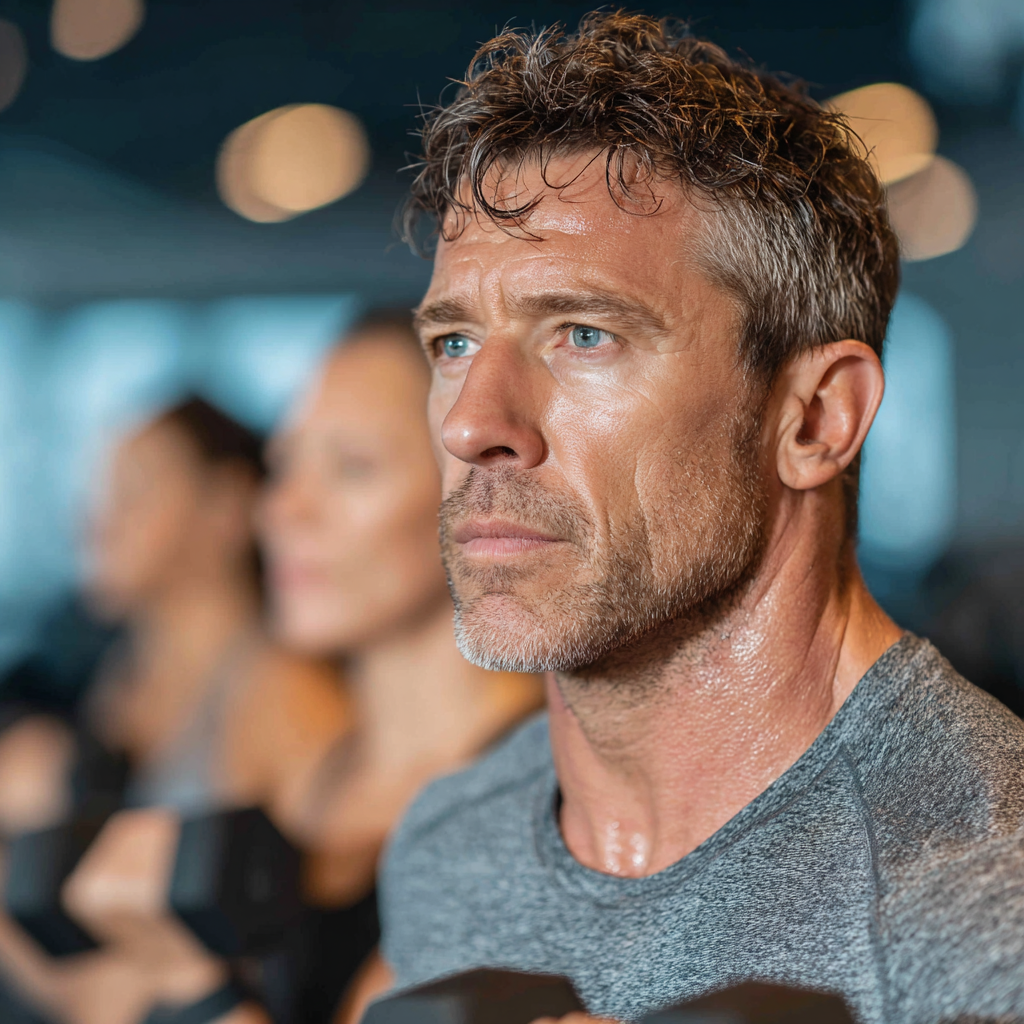 Middle-aged man in his 40s participating in a group fitness class, showing determination and focus while using light weights in a modern gym setting